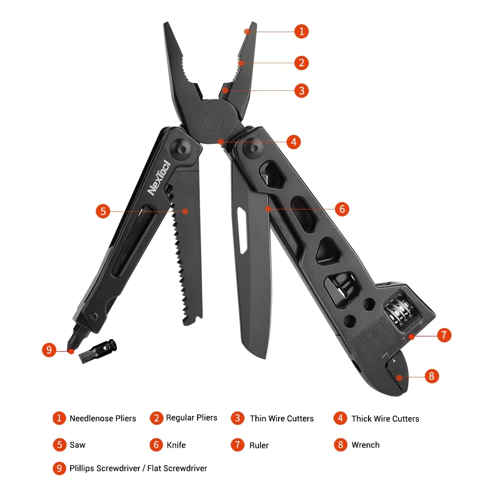 NexTool 9-in-1 multitool schaal vaste moersleutel mes opvouwbaar handgereedschap kit tang schroevendraaier bits houtzaag houtbewerkingsgereedschap