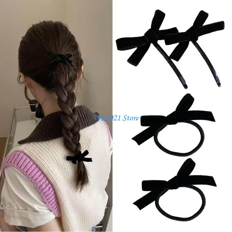 

G5GC 2pcs Bowknot Hair Rope Side Clips for Women Girls Black Bows Hairpin Barrettes Headwear Lolitas Hair Accessories
