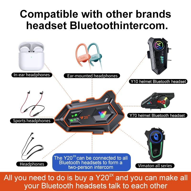 Motorcycle BT Intercom Helmet Headset 2 Riders 1000m Noise Cancellation Y20 2X