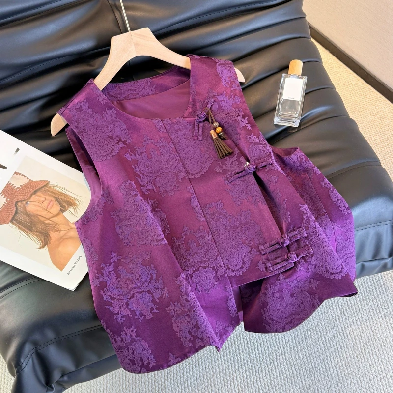 

Spring Summer Women Sleeveless Dobby Floral Tassel Chinese Style Purple Vest Coat , Woman Elegant Vintage Jacquard Flower Vests