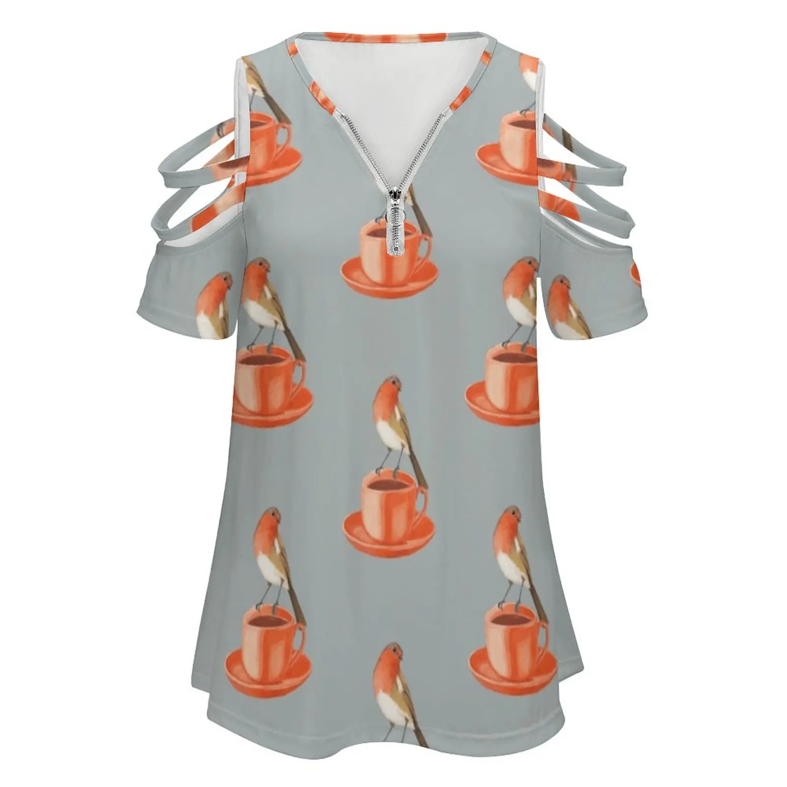 Coffee Loving Robin Bird New Fashion Zip Off Shoulder Top Short-Sleeve Women Shirt Robin Bird Coffee Coffee Lover Coffeeist