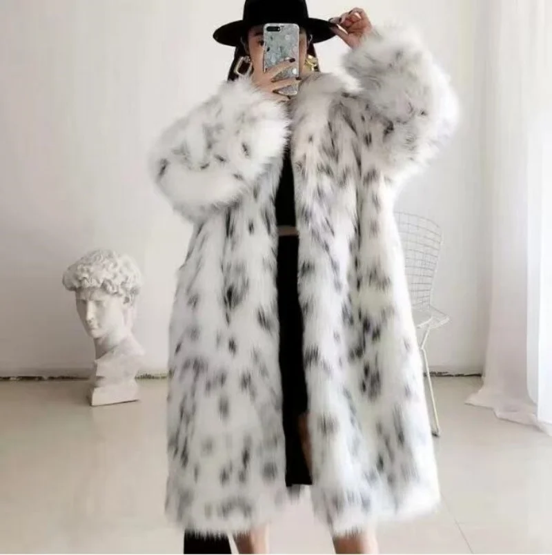 Fur Coat Jackets Spot Printed Faux fox fur Outwear Fur Trench Women Long Sleeve Casual Imitation Winter Keep Warm Long Coats