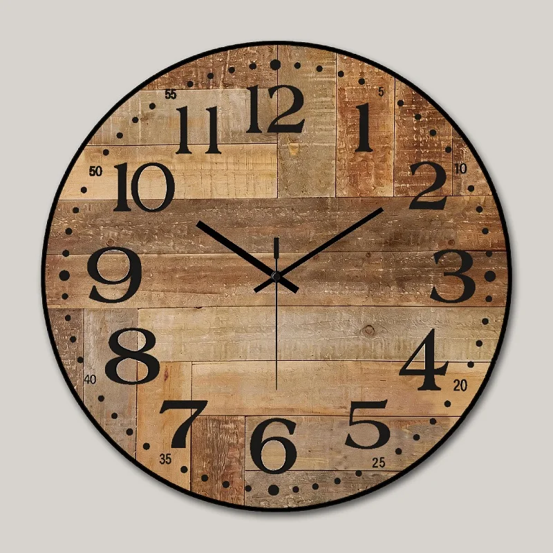 14 Inch Round Wood Grain Wall Clock Painting & Calligraphy Luminous Glow-in-the-Dark Silent Hanging Clock for Home Wall Decor