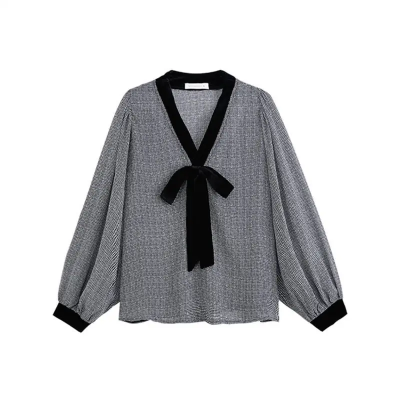 Elegant Fashion V-Neck Bow Ladies Pullovers 2023 Spring Summer Women\'s Clothing Shirt Korean Weave Pattern Long Sleeve Blouses