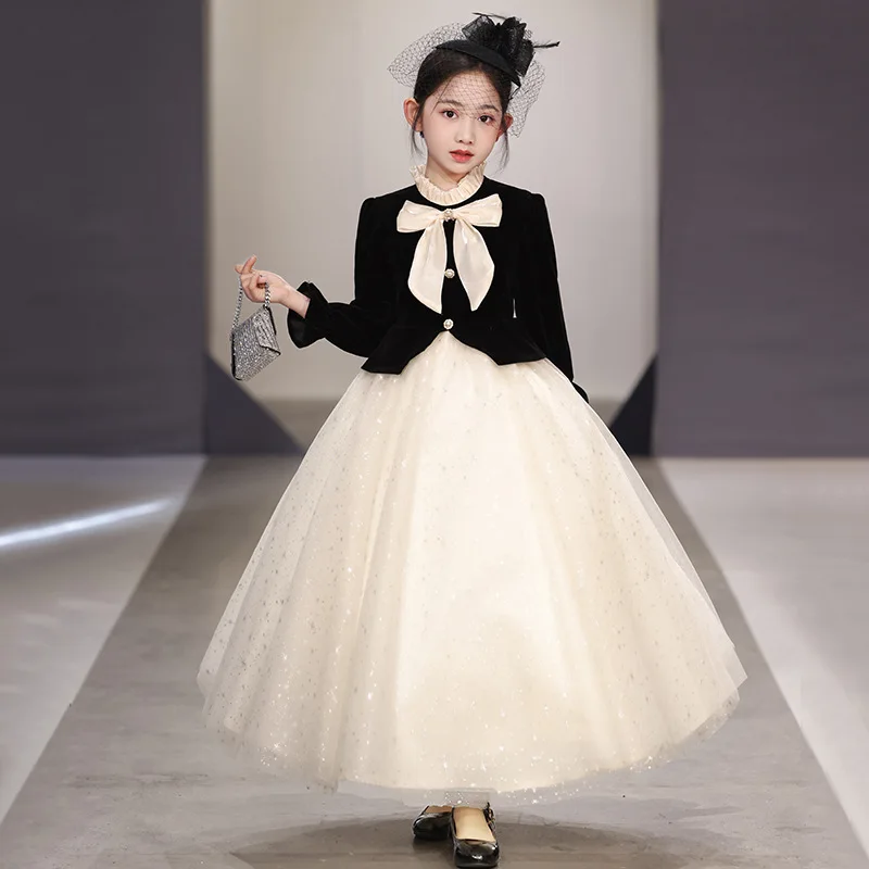 Kids Pageant Formal French Long Sleeve Girls Party Dress Birthday Princess Gown Children Evening Host Piano Performance Outfit