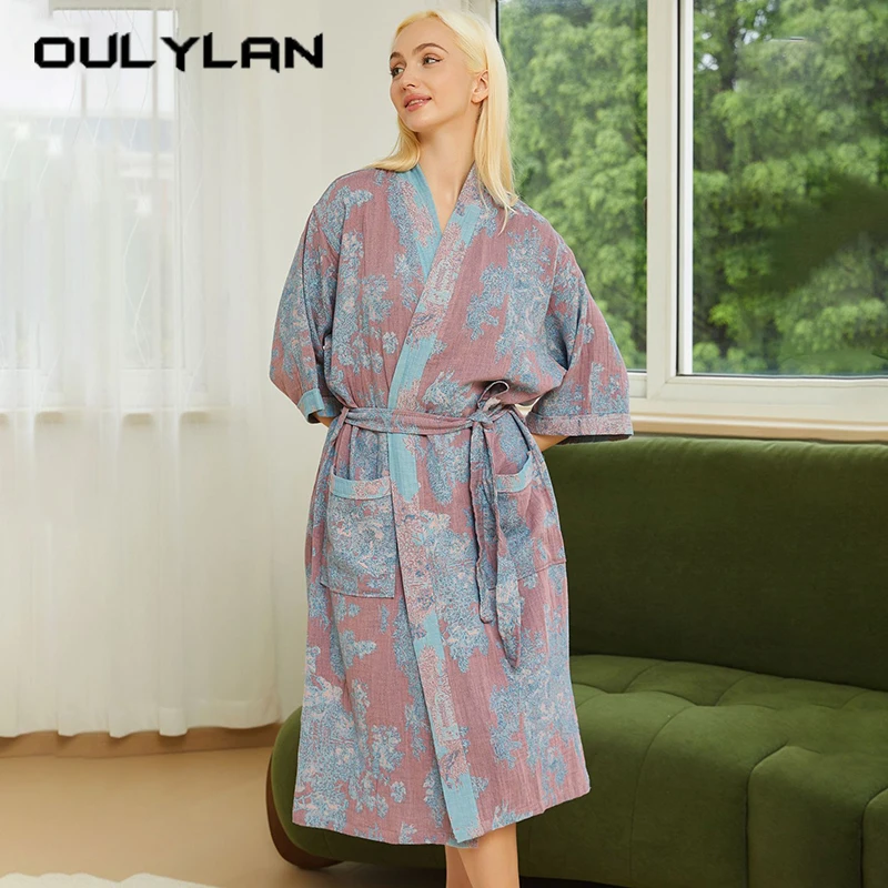 Women Red Green Colors Printed Robe Spring Summer Thin Cotton Night-robe Female Water Absorbing Bathrobe Loose Oversize Pajamas