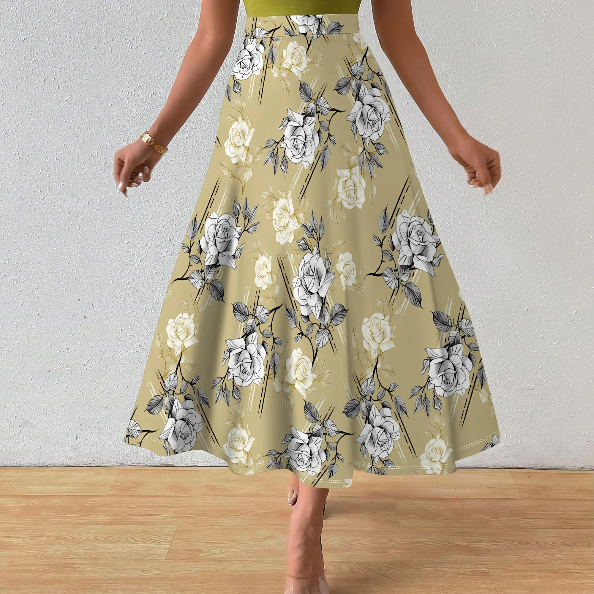 

Nupusa Floral Print Skirt for Women Regular Size Summer Casual High - Waist Midi Skirt