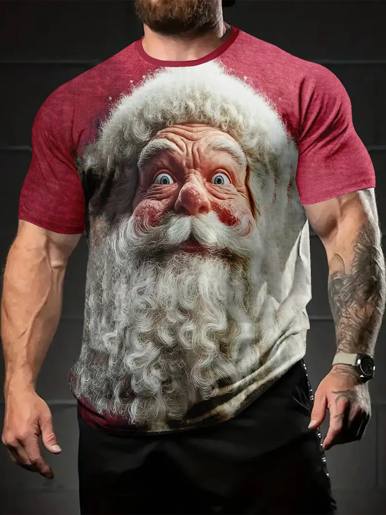 Men Crew Neck Tee With Full Print Big Beard Santa Graphic