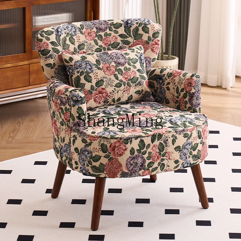 

SM retro single sofa household small apartment balcony living room bedroom simple casual flower cloth solid wood chair