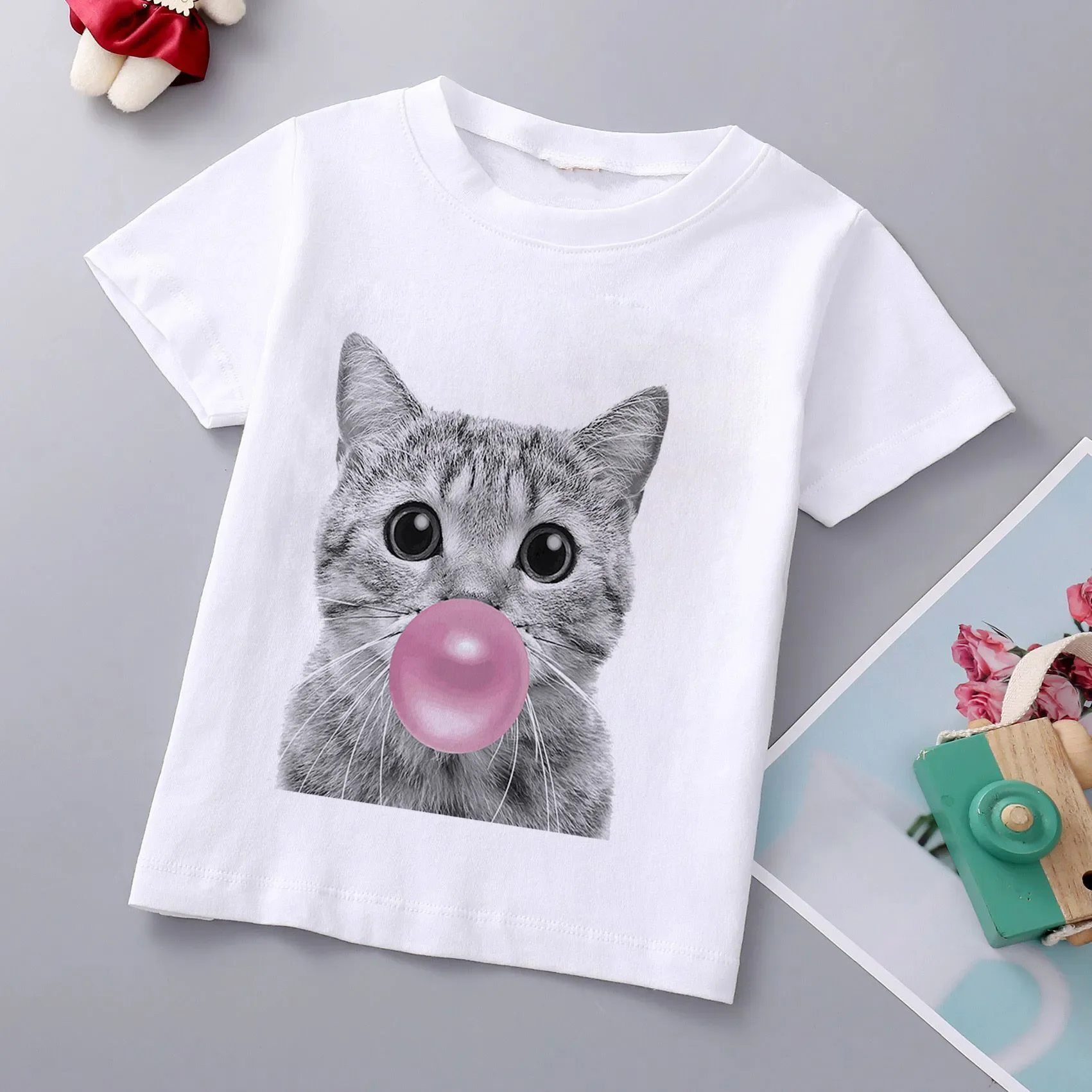 Summer 2024 Girls Clothes Cute Bubble Gum Animal Cat Pug Bulldog  Clothes T-shirts Kid Girl Boy Short Sleeve Tops Kids T-shirts