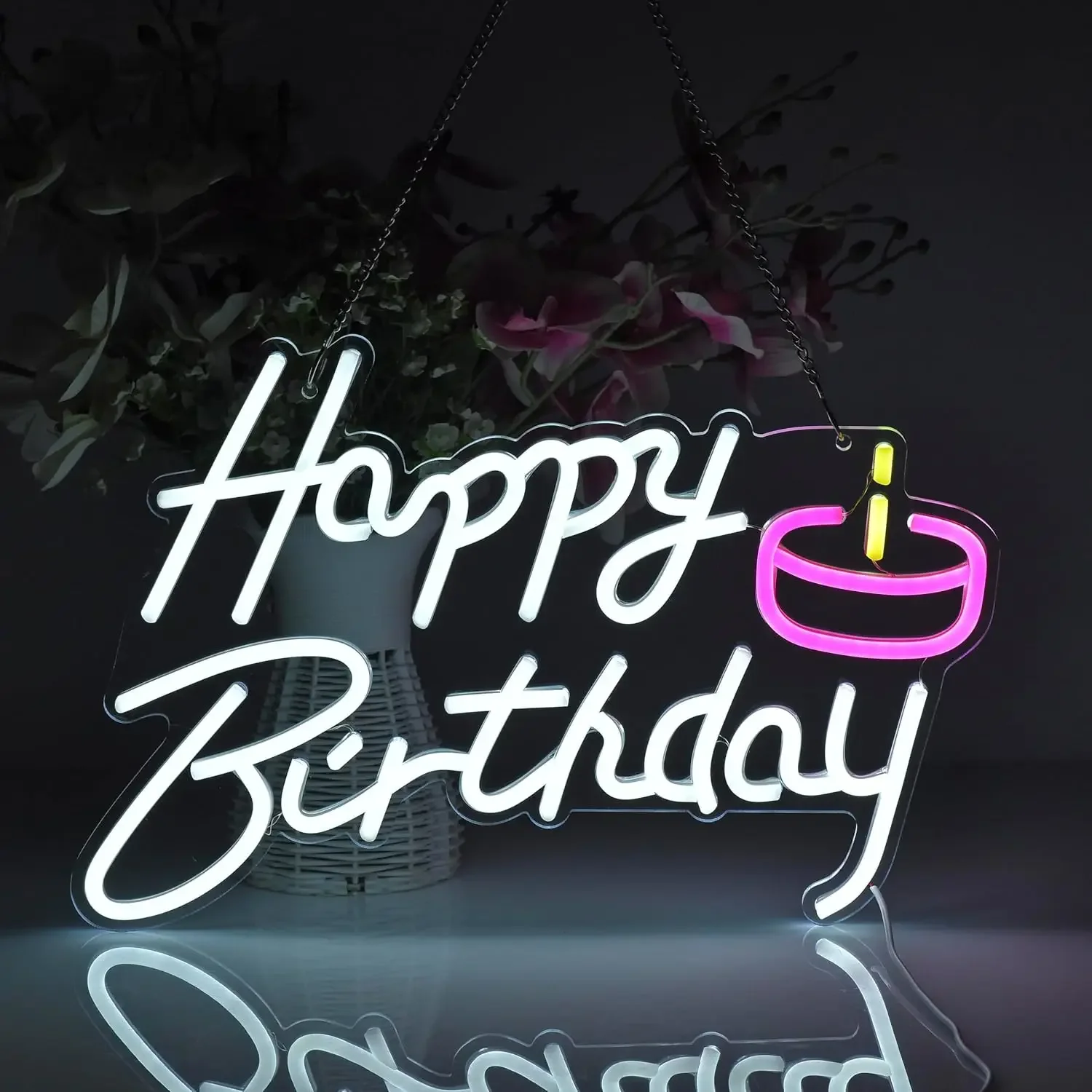 Happy Birthday Neon Sign White Pink LED Wall Art Cake Glow USB Powered Dimmable Acrylic Lamp Party Home Decoration