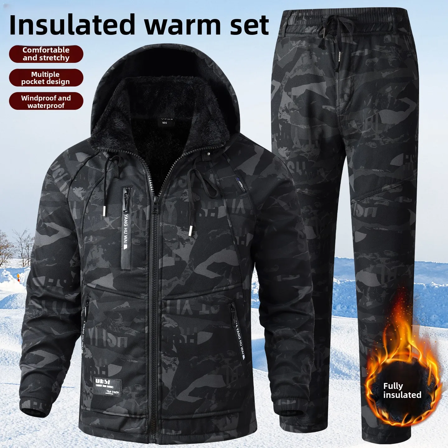 

Fleece Lined Camouflage Workwear Set Men's Waterproof Outdoor Arctic Fleece Labor Protection Clothing Autumn Winter Construct...