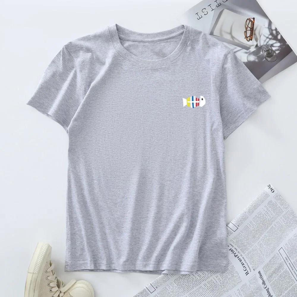 100% Cotton Women Tshirt Short Sleeve Tee Top Summer Woman Clothing Female T-shirt Colorful Fish Bones Graphic T Shirts