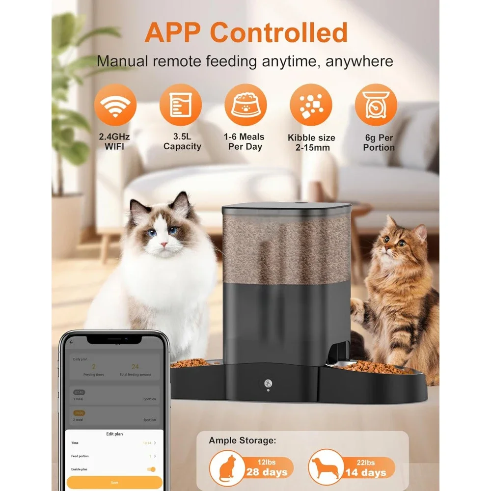 3.5L Automatic Cat Feeder for Two Cats, 2.4G WiFi Enabled Smart Feed Pet Feeder with Stainless Steel Bowl,APP Control Dispenser