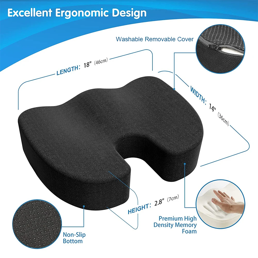 Memory Foam Coccyx Seat Cushion for Office Chair, Desk Chair Car Seat Cushion for Tailbone Pain, Sciatica, Back Pain Relief