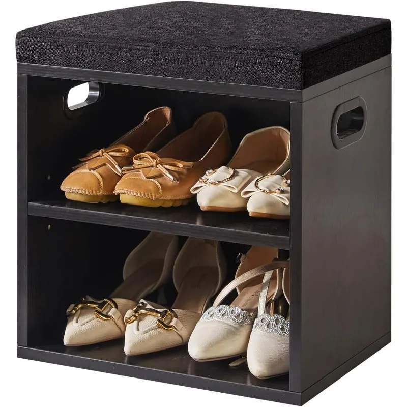 

Shoe Storage Bench with Cushion, 2 Tier Shoe Rack with Padded Seat, Adjustable Shoe Organizer Cabinet 15.4L*11W*16.54H