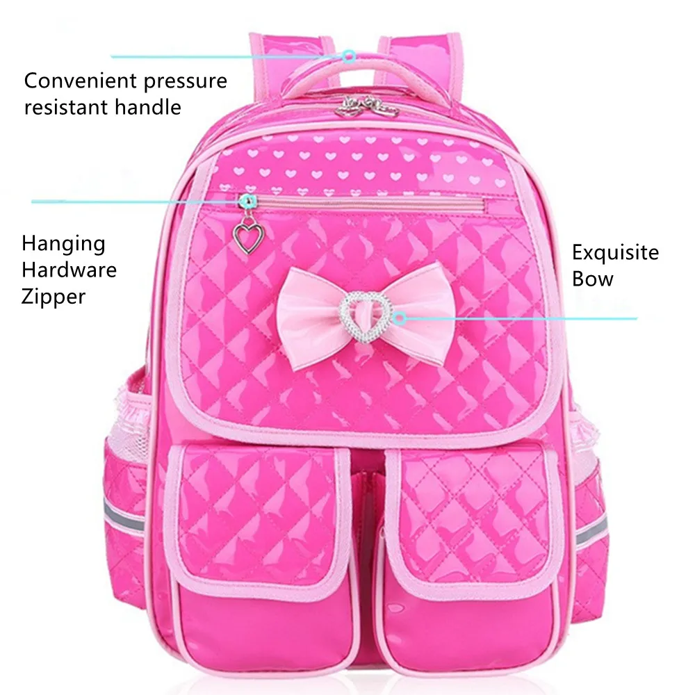 PU Waterproof Schoolbag Bow Girl 3-6 Grade Children Fashion Students Backpack Travel Shoulder Handbag School Bag 3D Pocket A Set