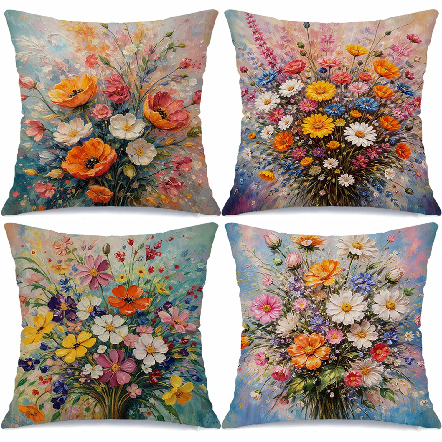 Ölgemälde eines Blumenstraußes, bedruckter Kissenbezug, kurzer Plüsch, geeignet für Wohnzimmer, Schlafzimmer, Sofas, Dekokissenbezug