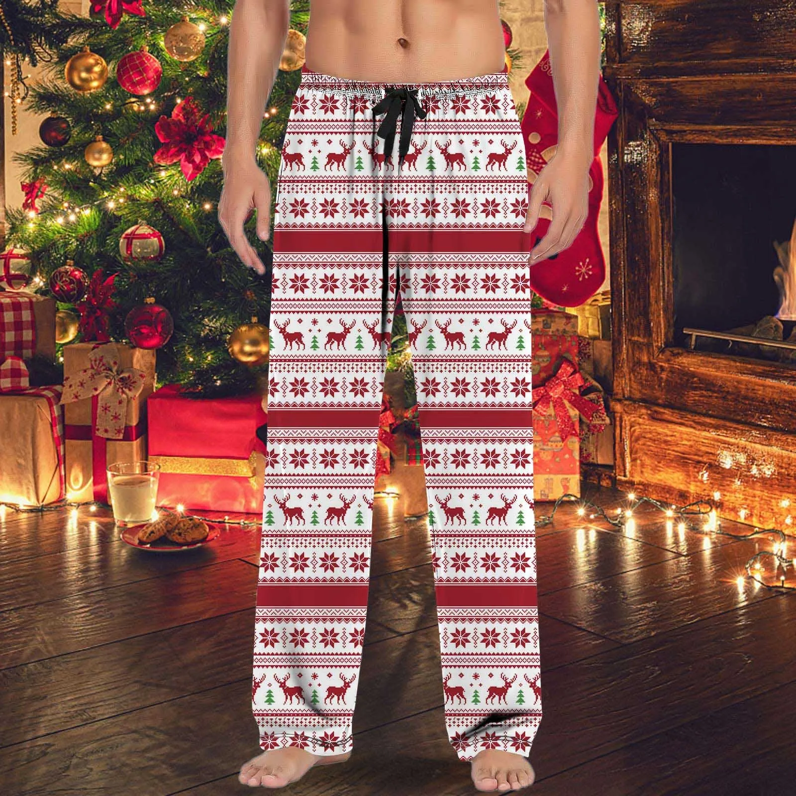 Xmas Plaid Pattern Men’S Christmas Tree Printed Straight Trousers Loose Pockets Wide Leg Sweatpants High Waist Loose Sleepwear