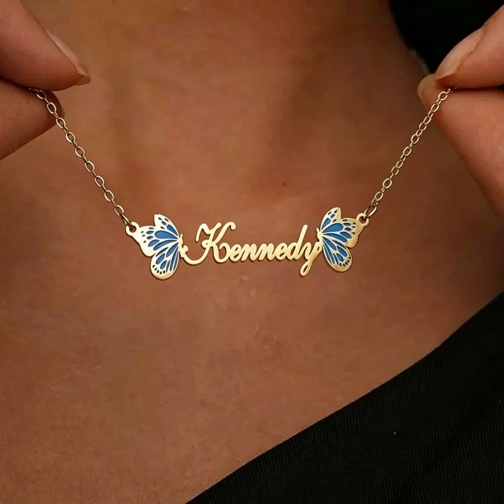 Custom Name Blue Pink Purple Butterfly Necklace Stainless Steel Jewelry Personalized UV Printing Name Necklace Women Gifts