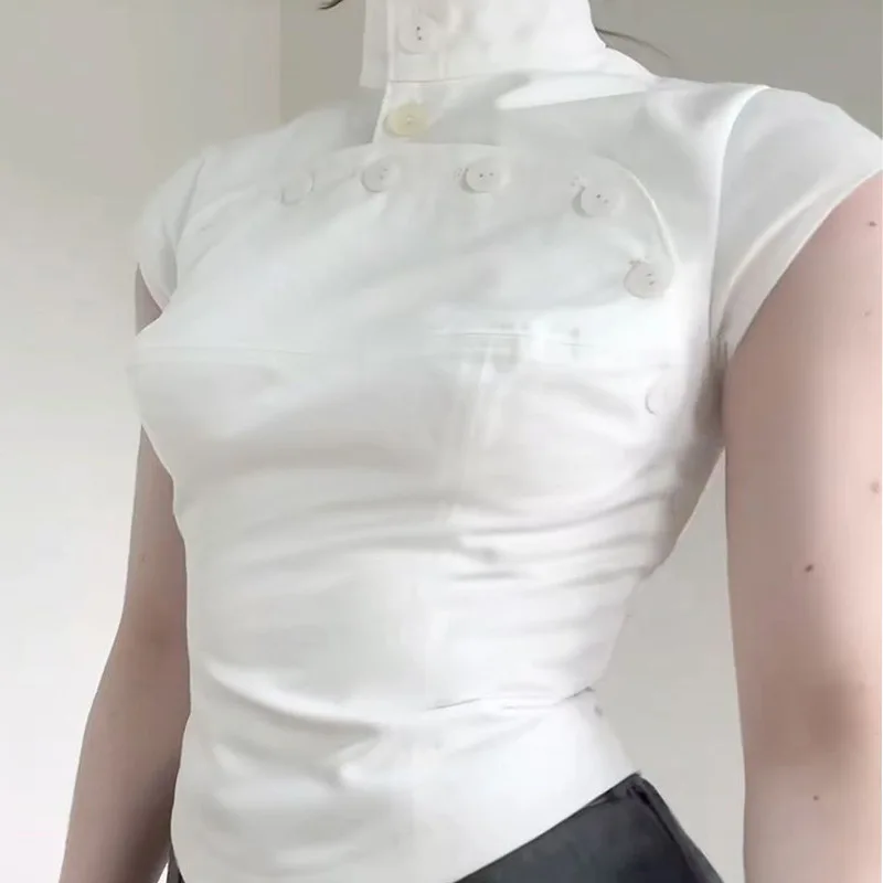 Vintage-inspired High Neck Cutout Top, Slim Button-Front Short Sleeve Blouse, Solid Color Y2K Streetwear Top for Women