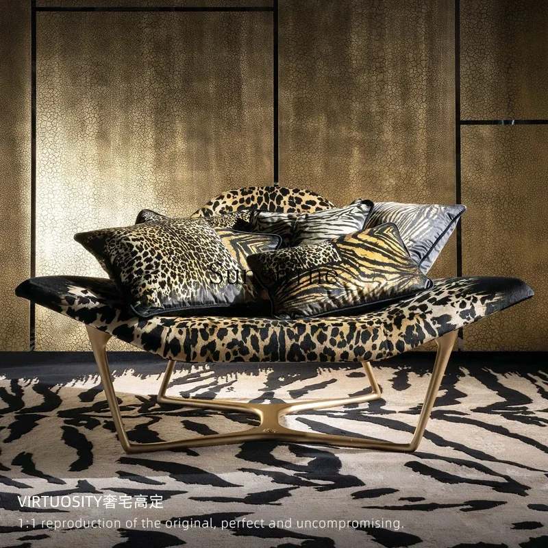 Italian light luxury high-end leather villa living room large single chair, leopard print sofa