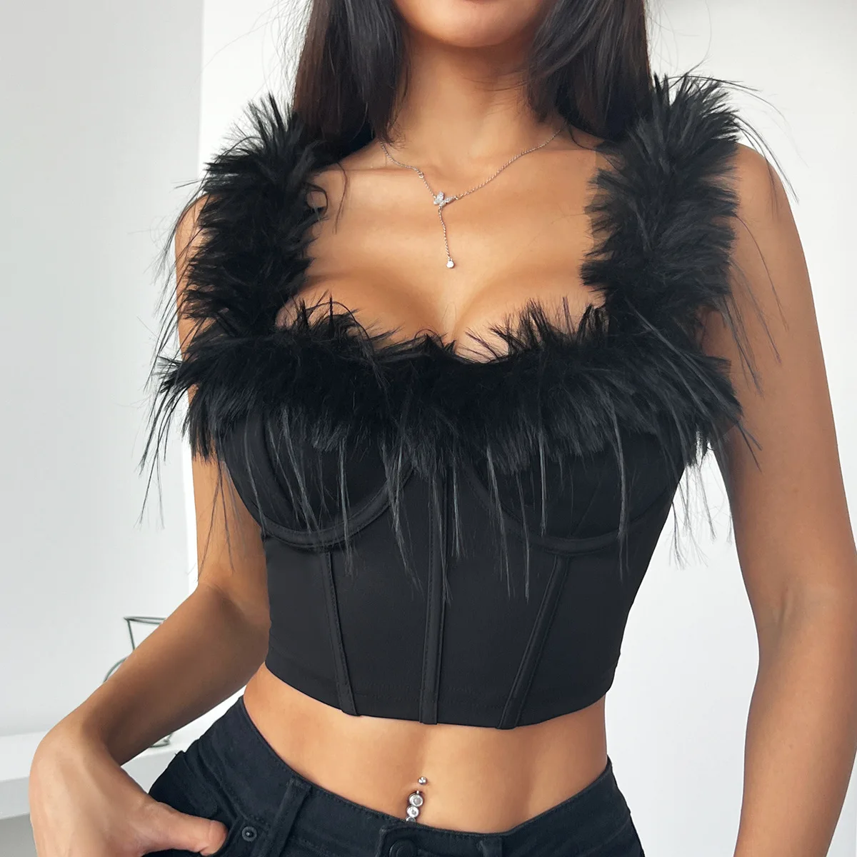 

Sexy Feather Corsets Women Sleeveless Slim Vest Body Shaper Tops Party Clubwear Hollow Crop Tank Top 2024 Summer Boned Camisole