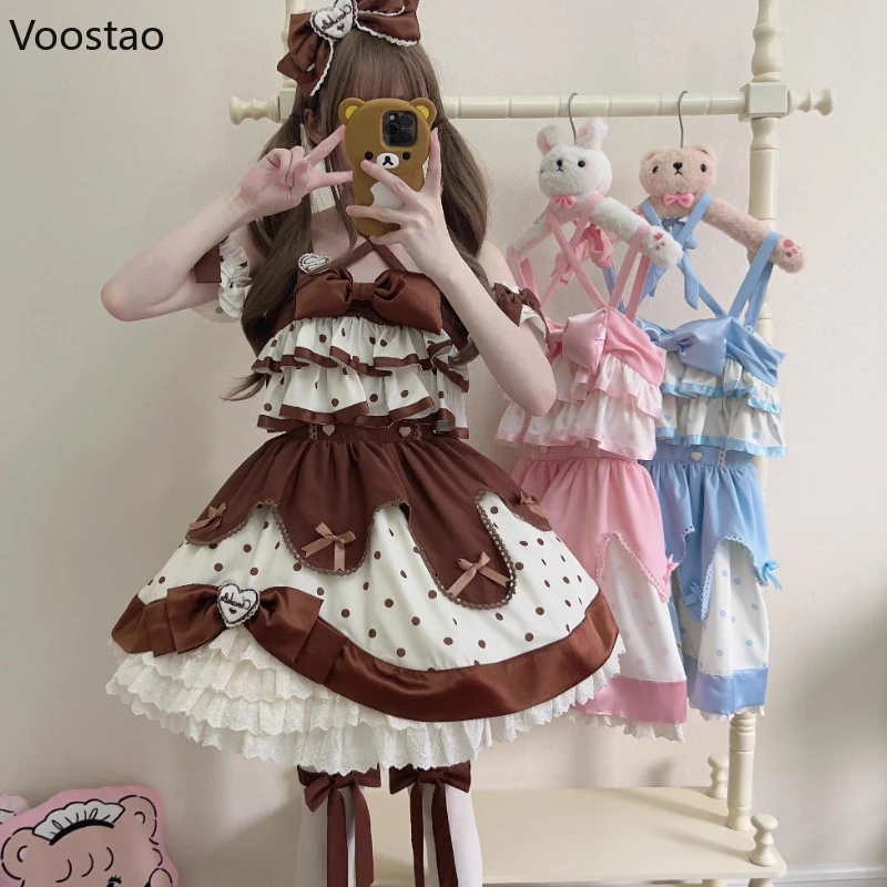 Sweet Cute Lolita Jsk Dress Women Kawaii Bow Polka Dot Print Ruffles Sleeveless Party Cake Dresses Girls Y2k Princess Mini Dress