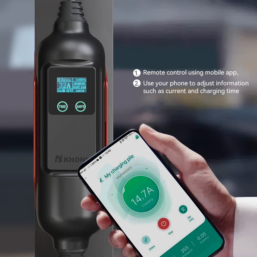 Khons Type1 cargador EV portátil 10KW J1772 EVSE carga 32A 1 fase aplicación WIFI versión de Control para vehículo eléctrico Cable de 5m