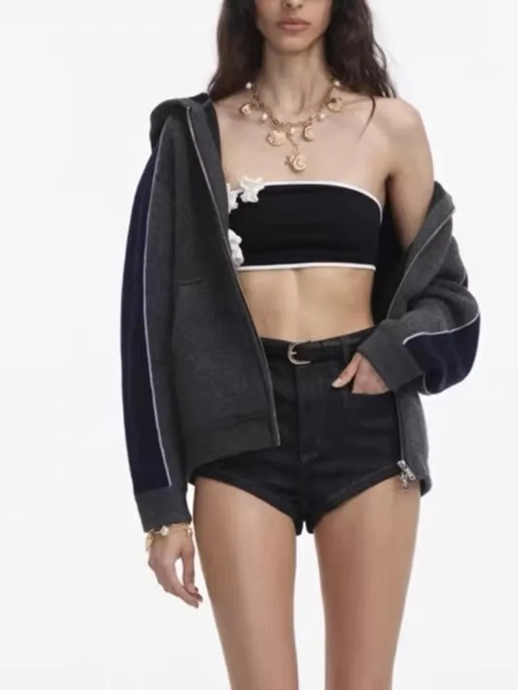 Automne Patchwork tricoté femmes veste à capuche ensembles fermeture éclair manches longues haut décontracté tenues au-dessus du genou Mini jupe deux pièces ensemble