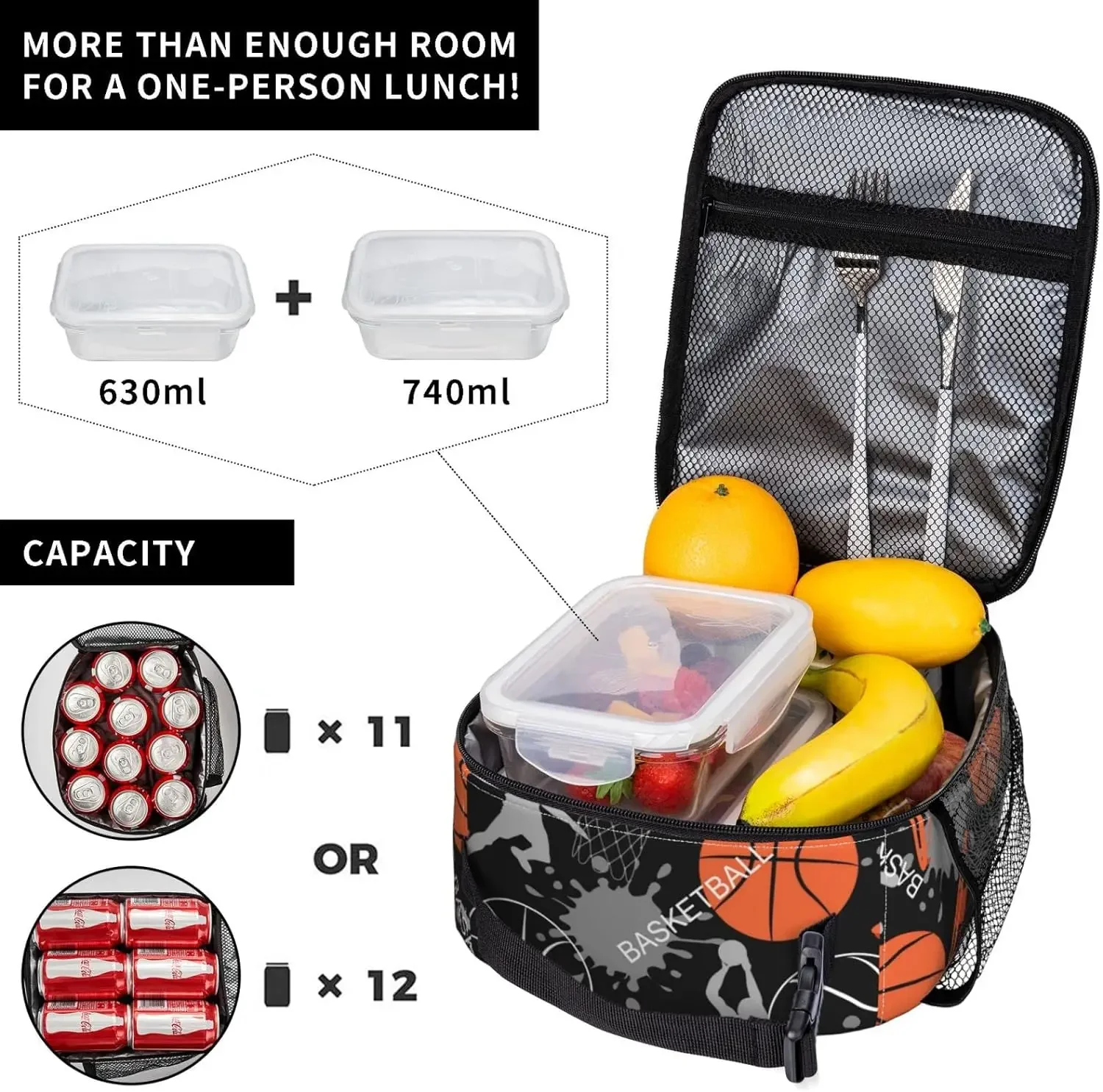 Art Basketball Durable Waterproof Insulated Lunch Bag Reusable Cooler Thermal Tote Lunch Box Organizer for School Work Picnic