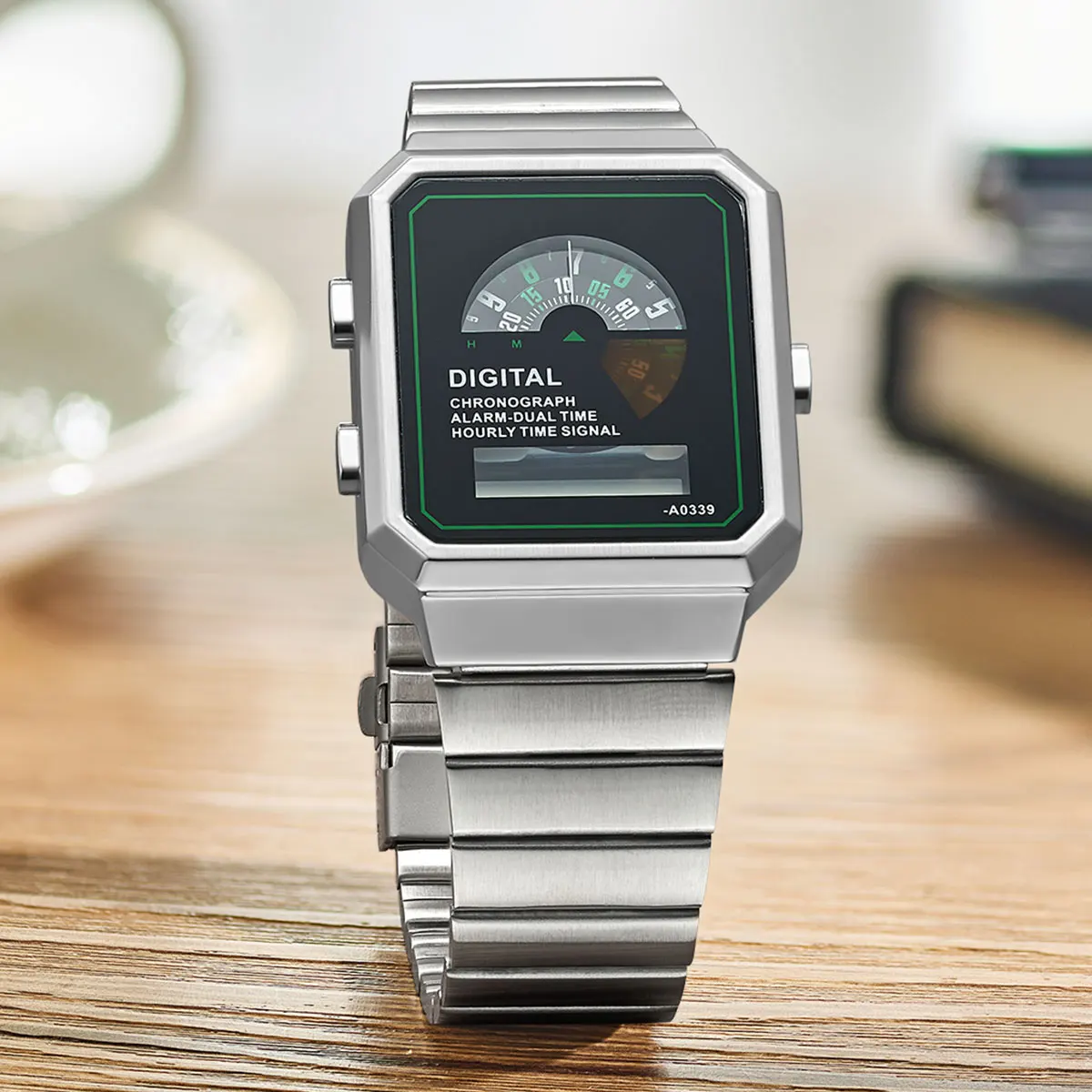 Vintage Square Digital Wrist Watch for Men Full Steel Strap Multi-Function Dual Time Zone Stopwatch Alarm Watch