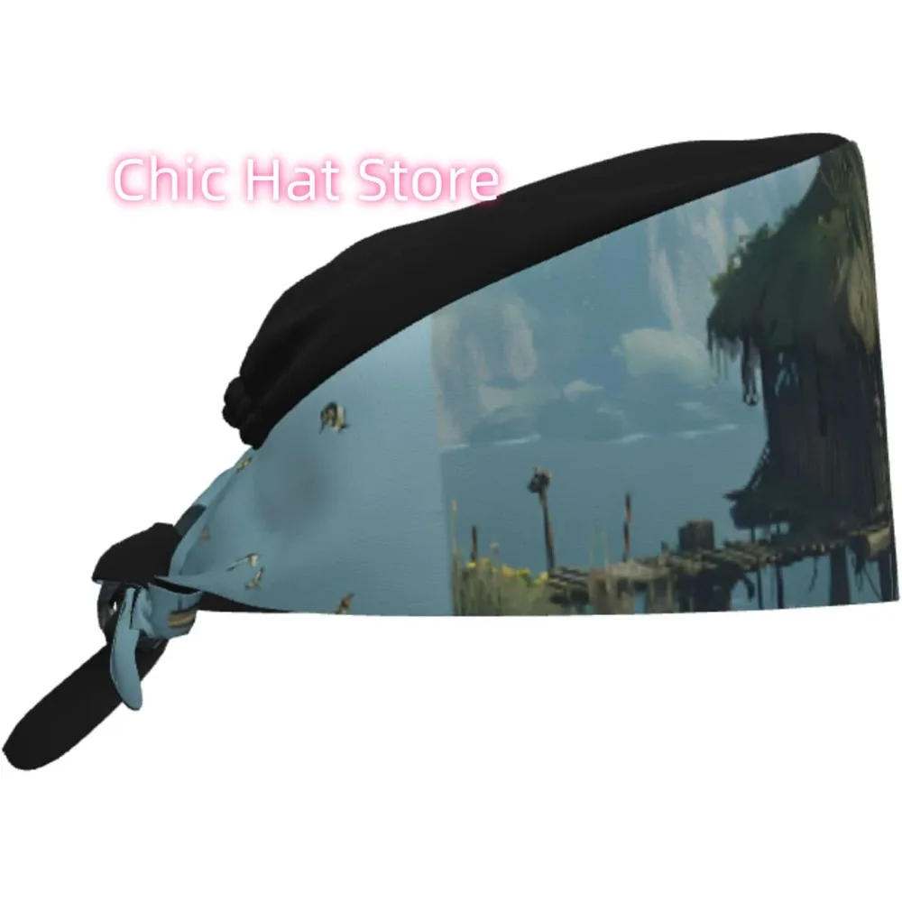 Breathable Work Hat Cliffside Cabin Printing for Chef, Nursing, Spa, Facial Care, Fitness Black