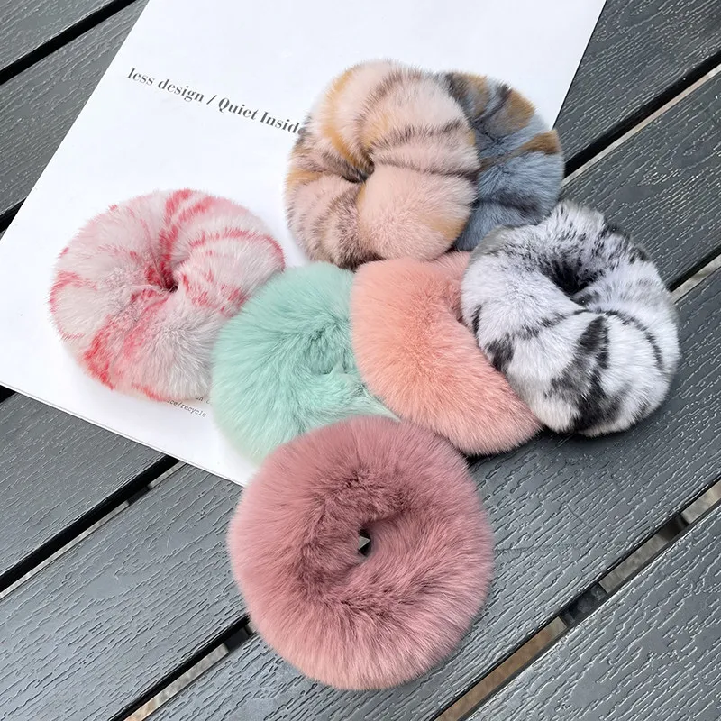 Rex Rabbit Fur Hair Scrunchies Furry Elastic Hair Bands for Women Girls Ponytail Holder Fluffy Hair Ties Girls Rubber Band