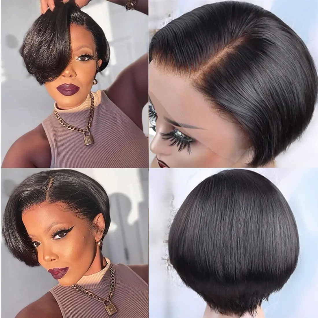 Short Bob Pixie Cut Wig Human Hair Brazilian Ombre Human Hair Lace Wigs Straight Pixie Bob Wig With Bang For Women Pre Plucked