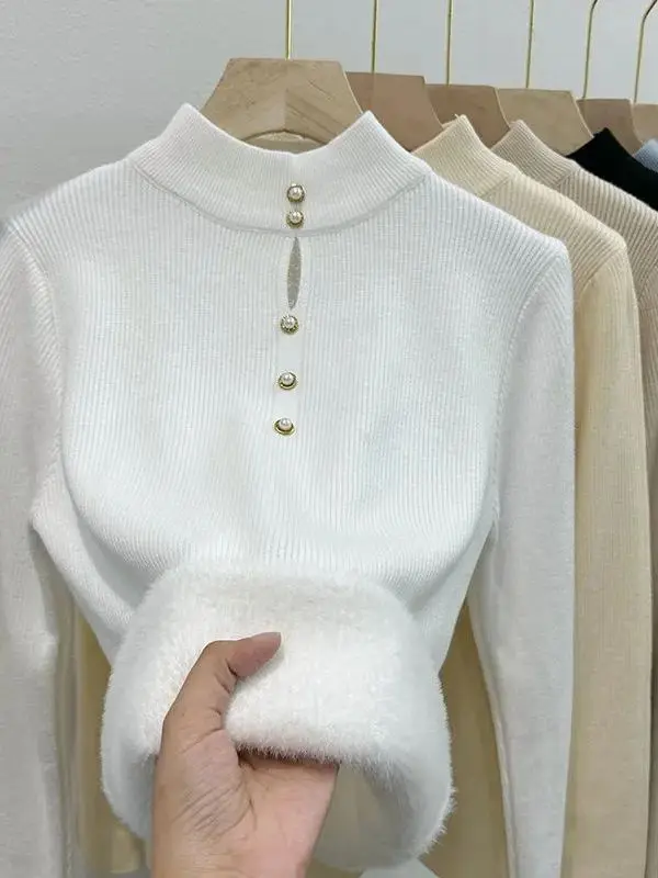 

Women's Fce Lined Knitted f High Collar One-Piece Velvet Base irt Slimming Top for Autumn Winter Faionable Inner Wear