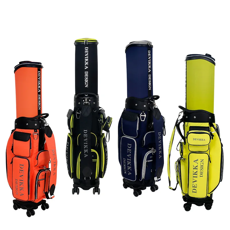 

Stock Professional Four-Wheel Aviation Polyester Golf Bag Lightweight Waterproof Full Set Clubs Ball Holder PU Leather Canvas