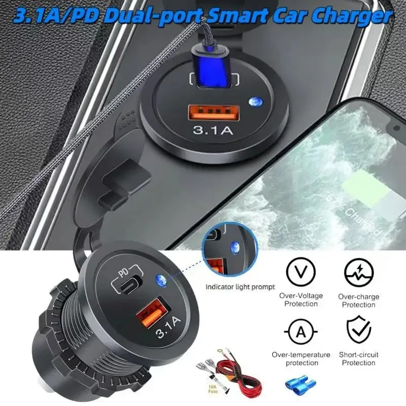 Waterproof Dual Port PD 3.1A Car Charger Socket 12V-24V Wide Voltage Fast Charge Outlet Blue LED Power Adapter for Car Truck ATV