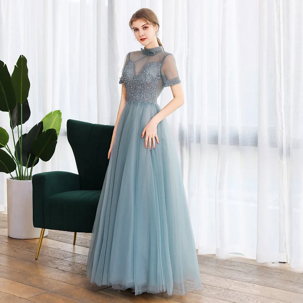 Clearance Sale Banquet Elegant Evening Dress High-neck Short Sleeve Sequins Beading A-line Prom Formal Gowns Vestido De Noche