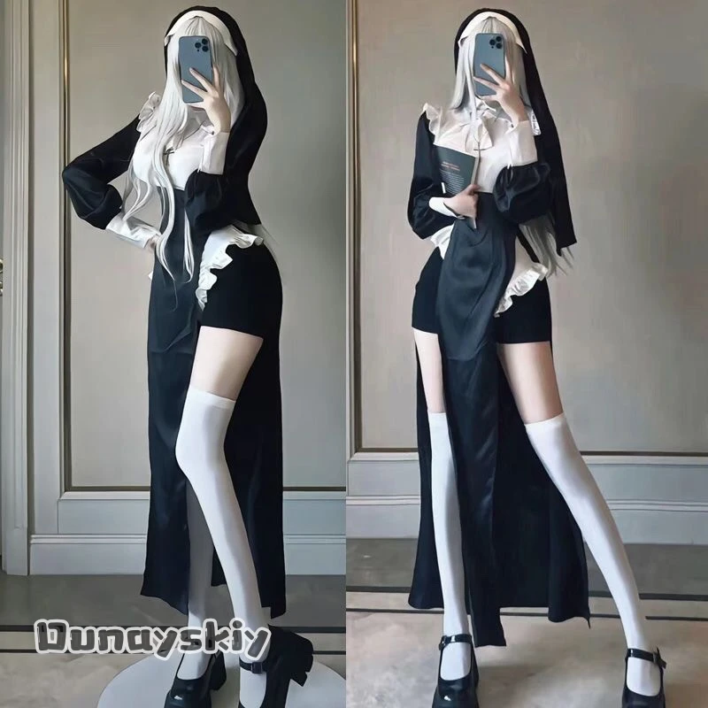 Disfraz de monja para Halloween, disfraz Sexy de monja en blanco y negro, uniformes ajustados, traje de juego de rol de Halloween, vestido de monja para adulto para mujer