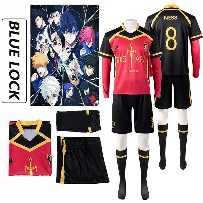 Anime azul bloqueio cosplay traje camisa vermelha t camisa shorts peruca bastardo munchen uniforme escolar ness kaiser isagi kurona cosplay