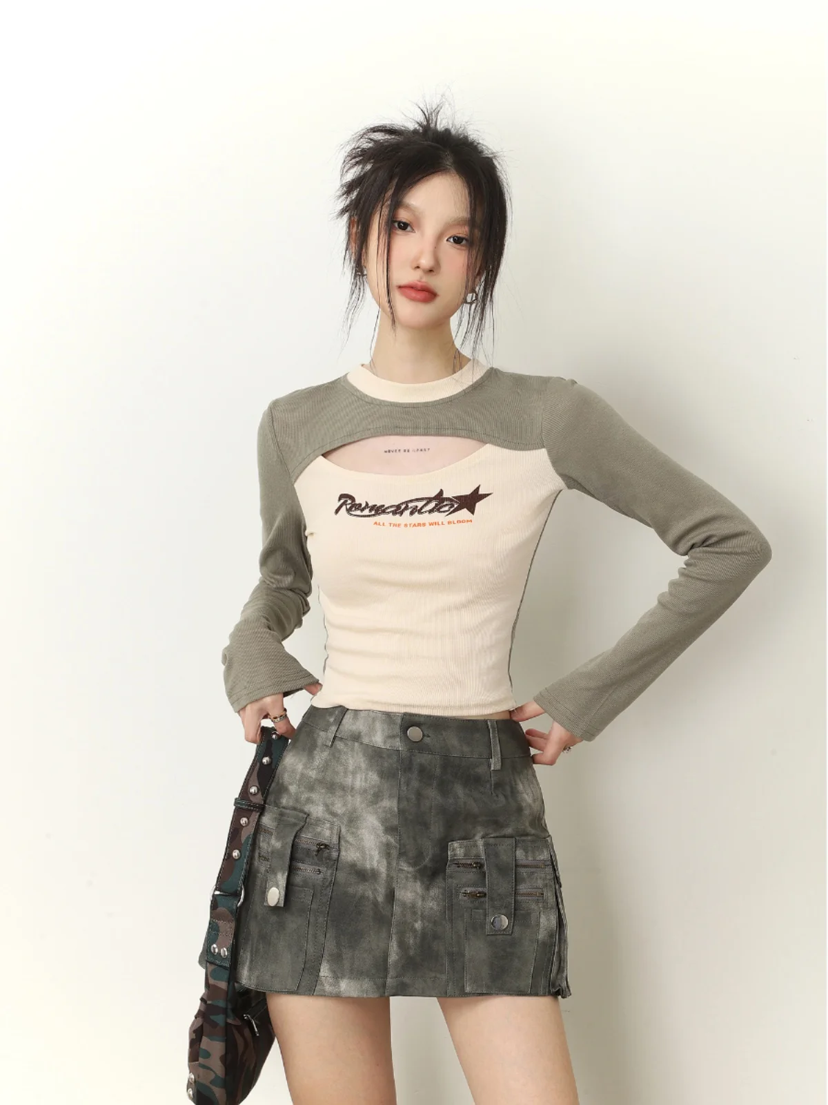 SHYIYUE American Hollow out Color Block Long Sleeve T-Shirt Women's Spring Autumn Hot Girl Slim Letter Print round Neck Short...