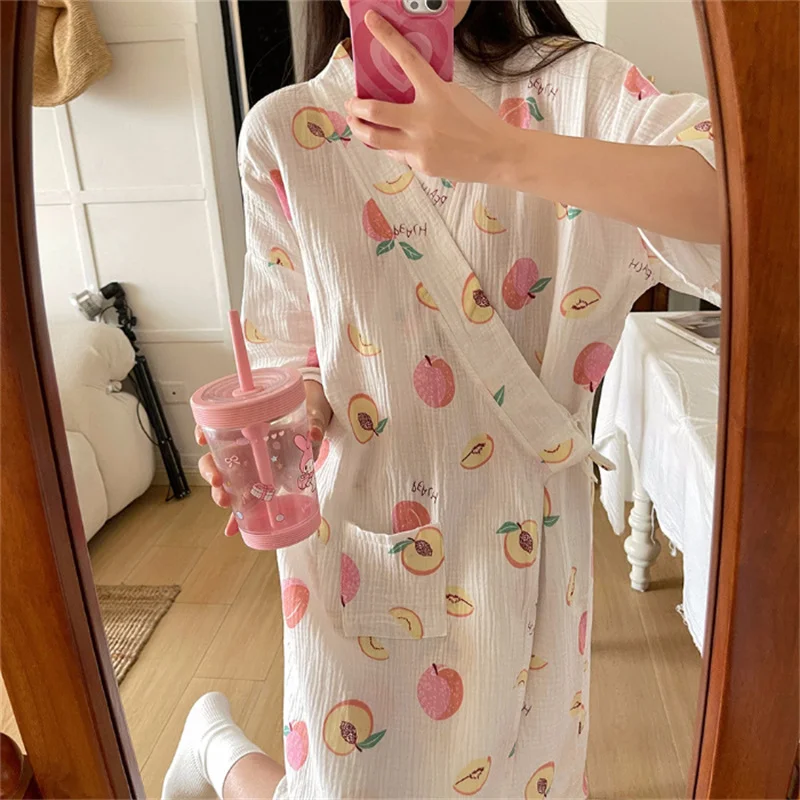 Large Size Night Wear Woman Cotton Night Dress Loose Half Sleeve Length Kimono Robe Women Dressing Gowns Home Ladies Bathrobe