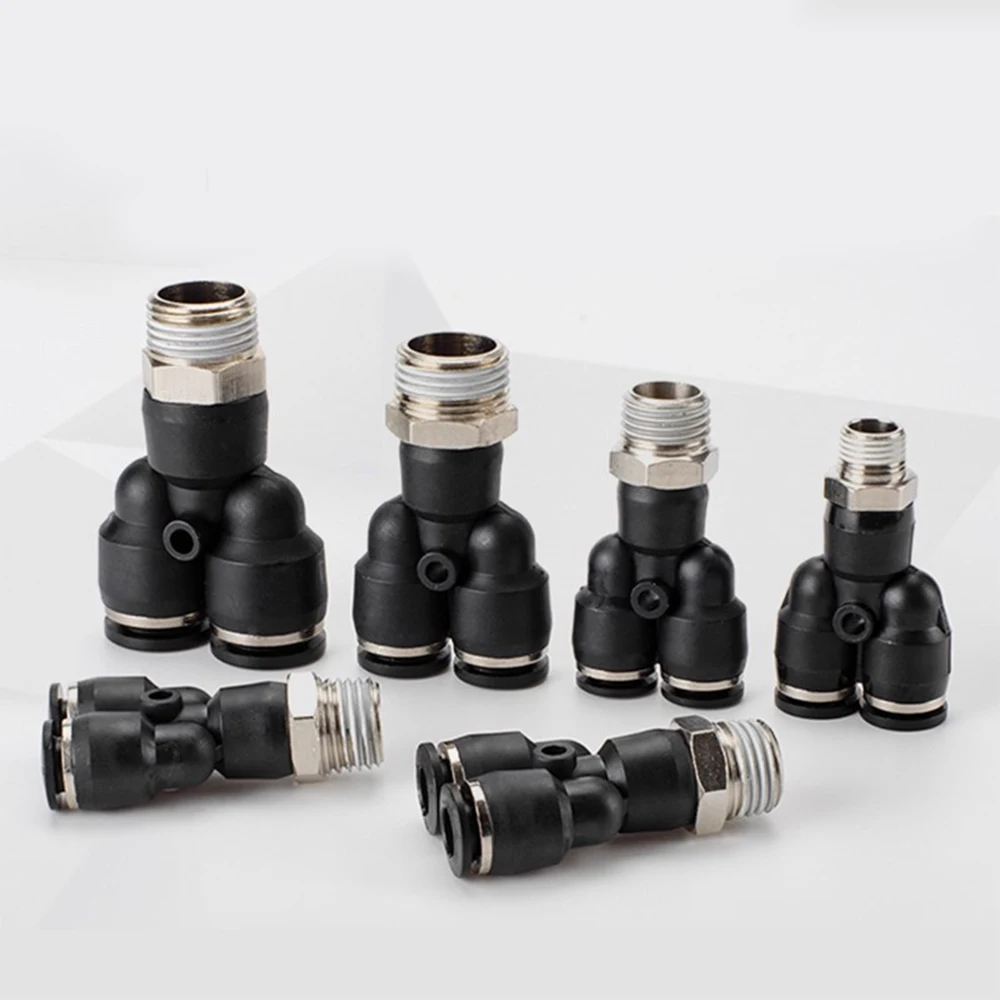 PX Black Pneumatic Quick Connector PU Hose Trachea 6 8 10 12mm External Thread BSPT 1/4 1/2 1/8 3/8 Copper Y-shaped Tee PB6-02