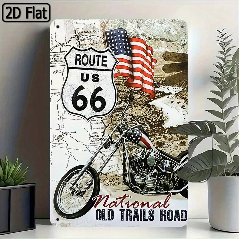 Route 66 Tin Sign - Vintage 66 Motorcycle Wall Art with Classic Bike, Metal Garage Decor Retro Americana Road Trip Decoration P