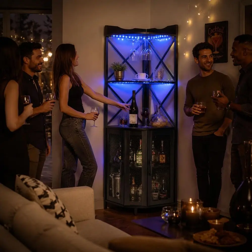 5-Tier Wine Bar Cabinet with LED Lighting and AC Charging, Modern Industrial Style for Home view 3