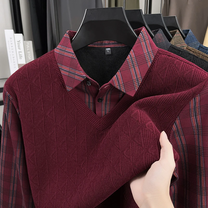 Colletto della camicia maglione lavorato a maglia da uomo di alta qualità con peluche addensato falso in due pezzi inverno versatile tendenza casual abbigliamento da uomo