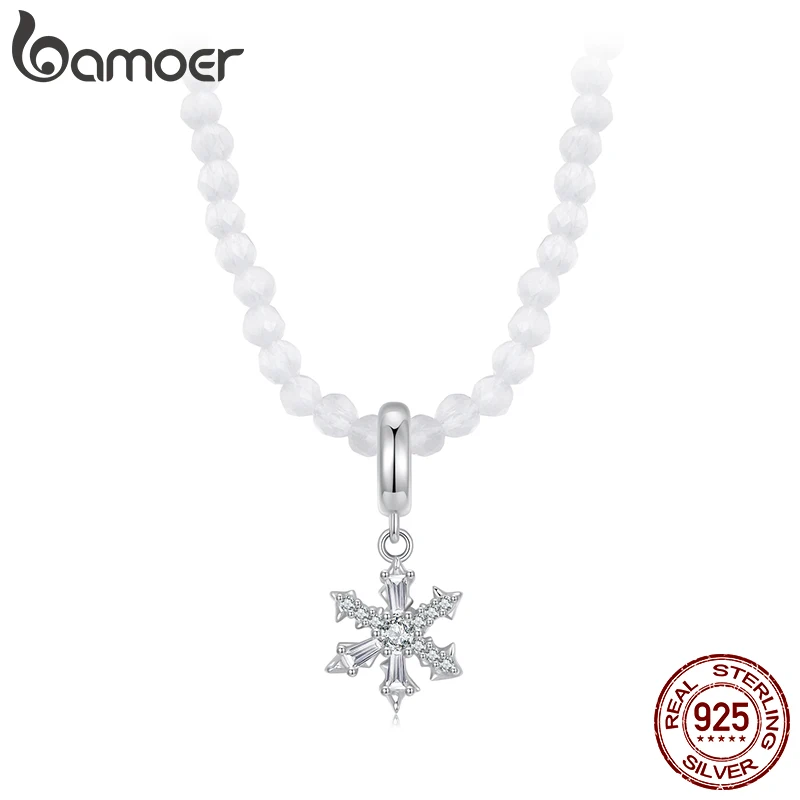 BAMOER Genuine 925 Sterling Silver Dainty Chain Snowflake Pendant Necklace for Women, Cute Ice Flowers Necklaces Christmas Jewel