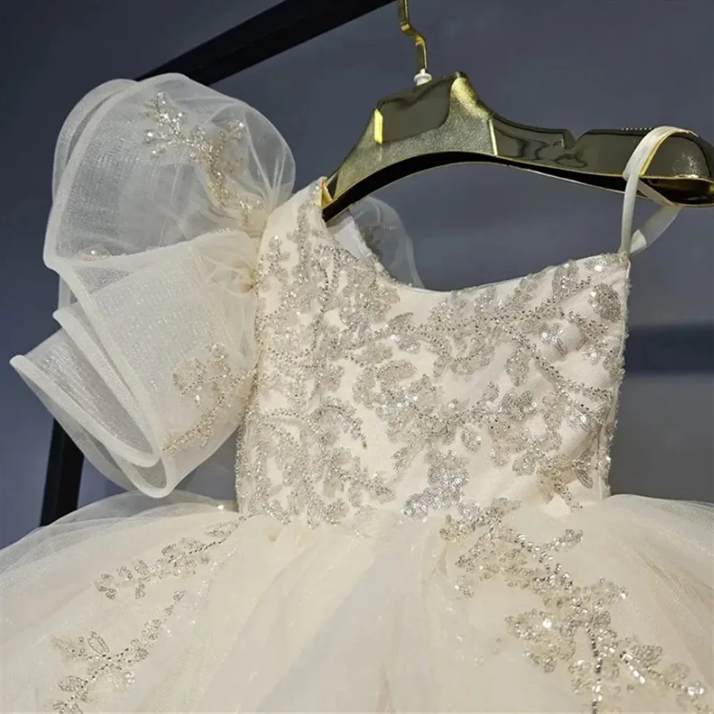 럭셔리 스팽글 플라워 걸 드레스 웨딩용 민소매 원숄더 퍼프 프린세스 생일 파티 무대 공연 볼 가운