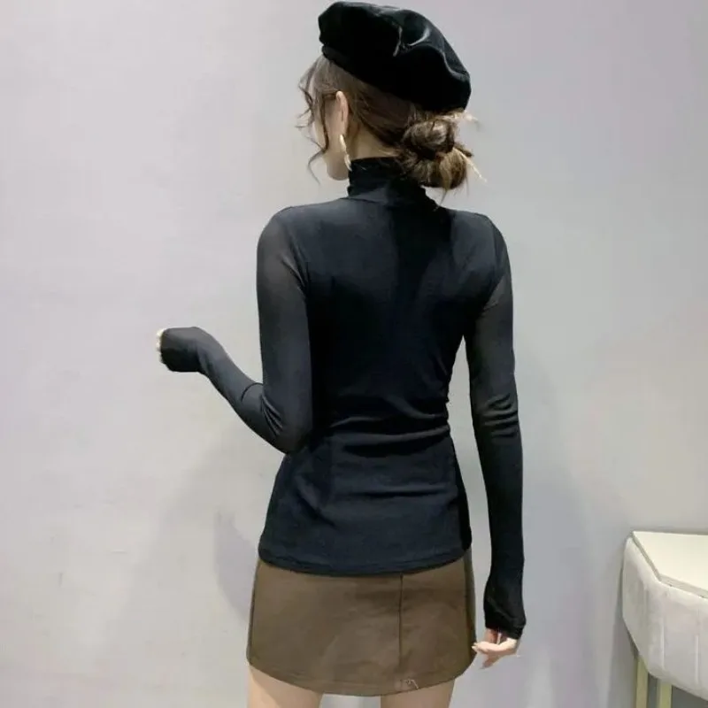 Turtleneck Mesh See-through T-shirts Women Slim Stretchy Long Sleeve Chic Elegant Sexy Tops Autumn Chic European Style Stylish image 4